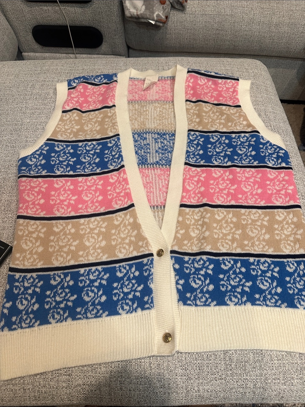 Vintage made in USA Striped Floral Knit Button-Front Vest in Pink, Blue & Tan